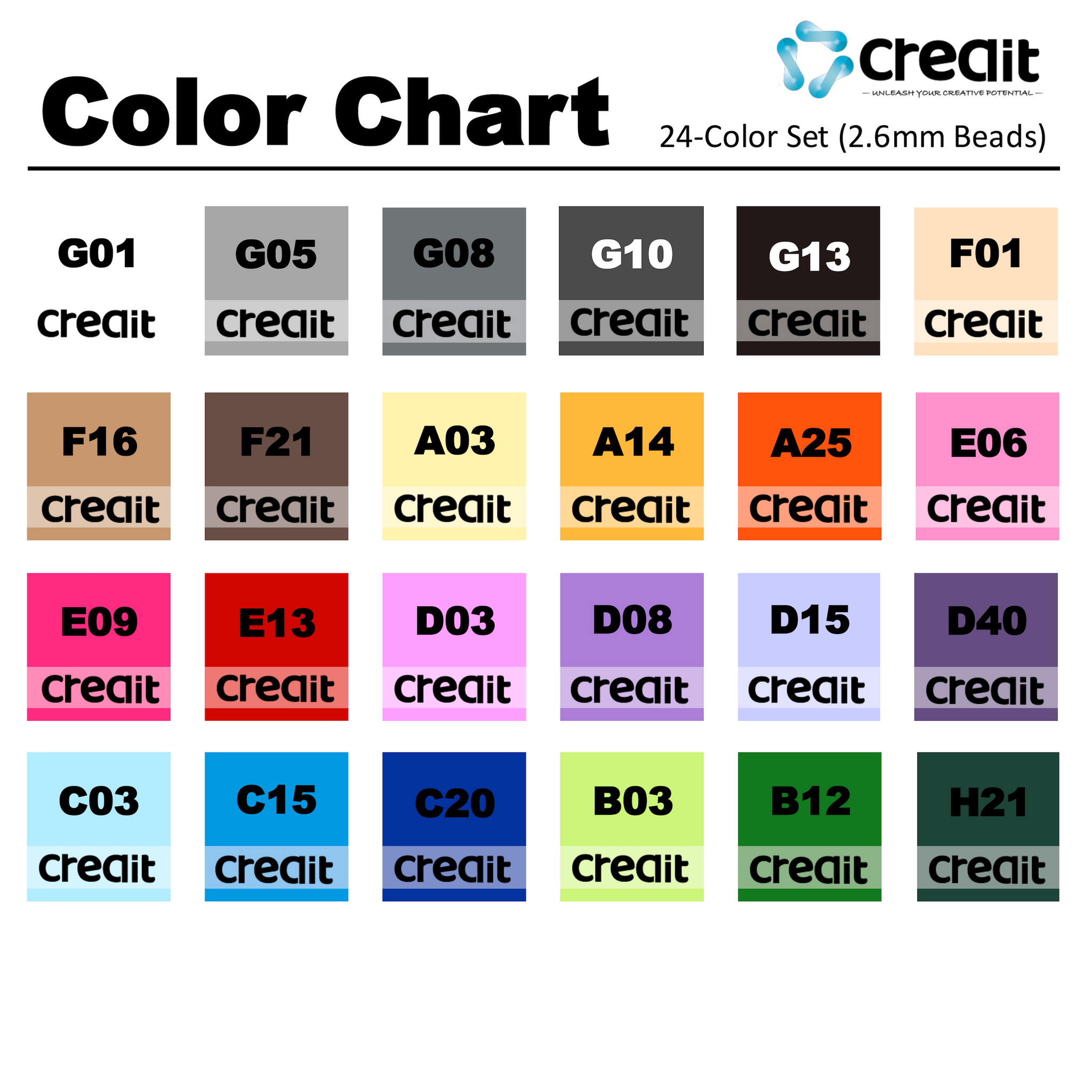 Creait 24-Color Trial Set - 2.6mm Mini Fuse Bead 24,000 Beads