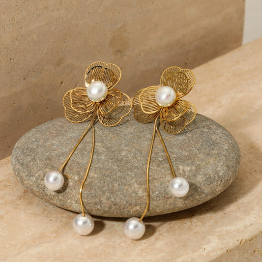 Boho Style Gold Floral Earrings with Dangling Pearls
