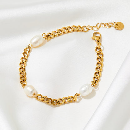 Cuban Chain Three Pearl Bracelet