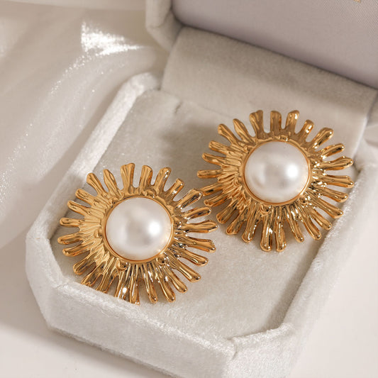 French Sunflower Pearl Stud Earrings